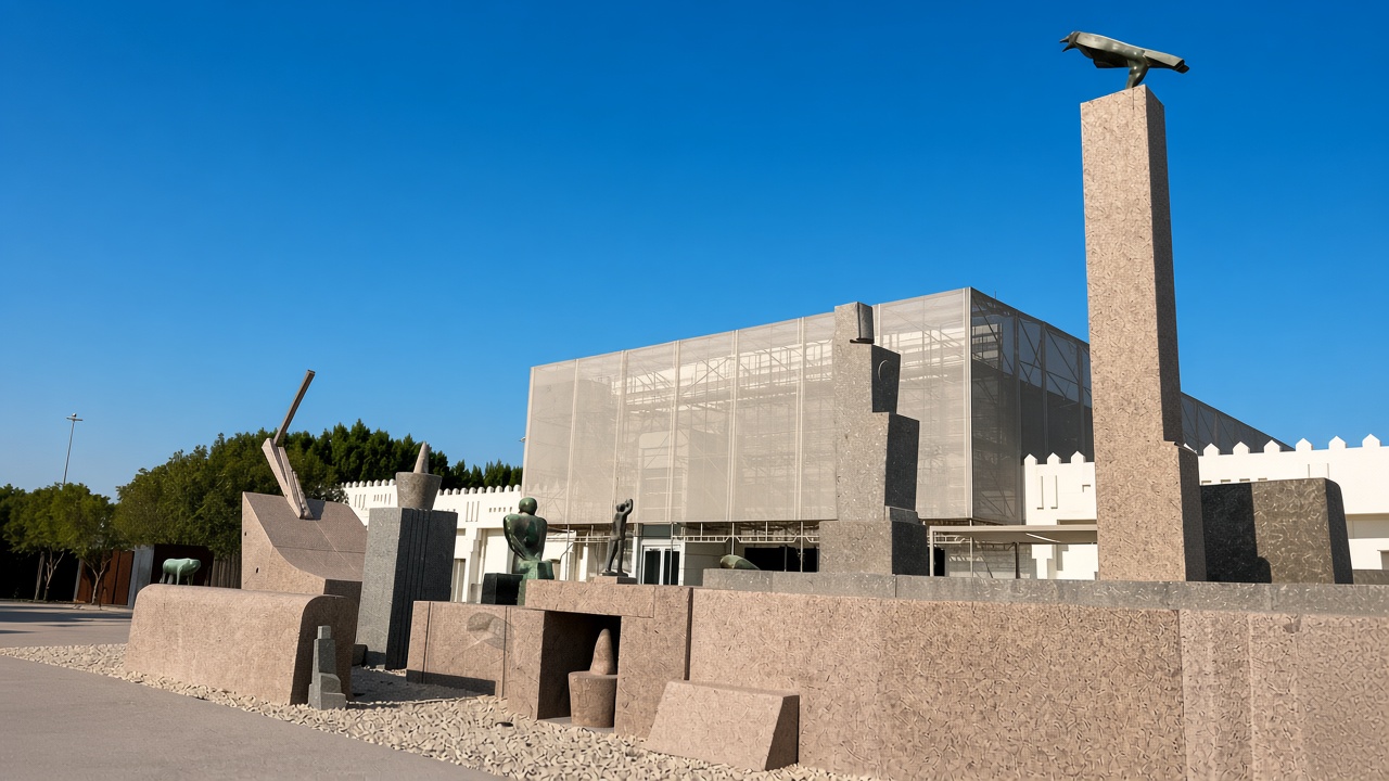 Sculpture garden beside the mesh clad exterior of Mathaf