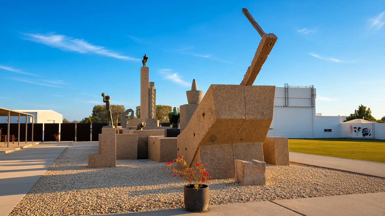 Sculpture garden grounds surrounding the Mathaf museum building