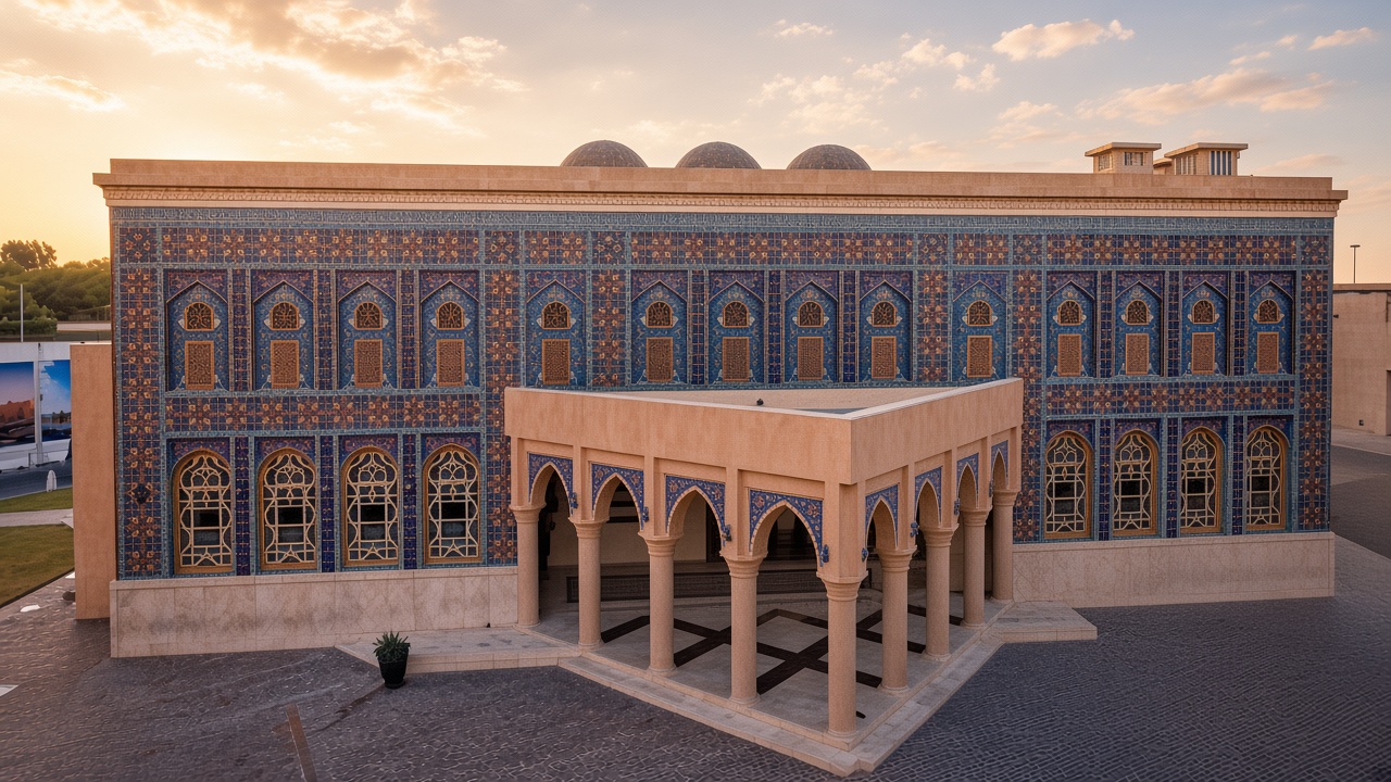 Blue and gold mosaic facade of Katara Mosque at sunset