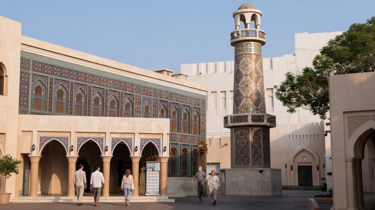 Katara Blue Mosque minaret and courtyard entrance walkway