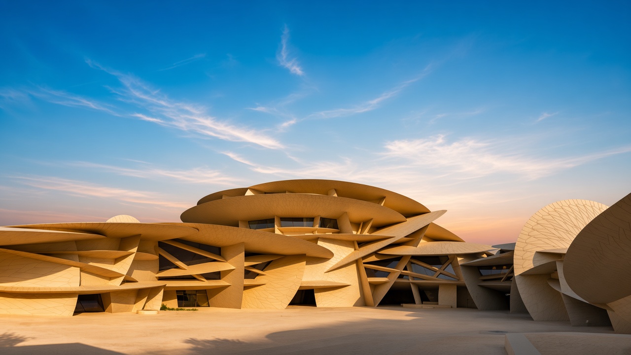  National Museum of Qatar discs glowing gold at sunset