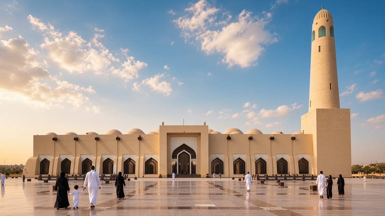 Sandstone facade and minaret of the Imam Abdul Wahhab Mosque